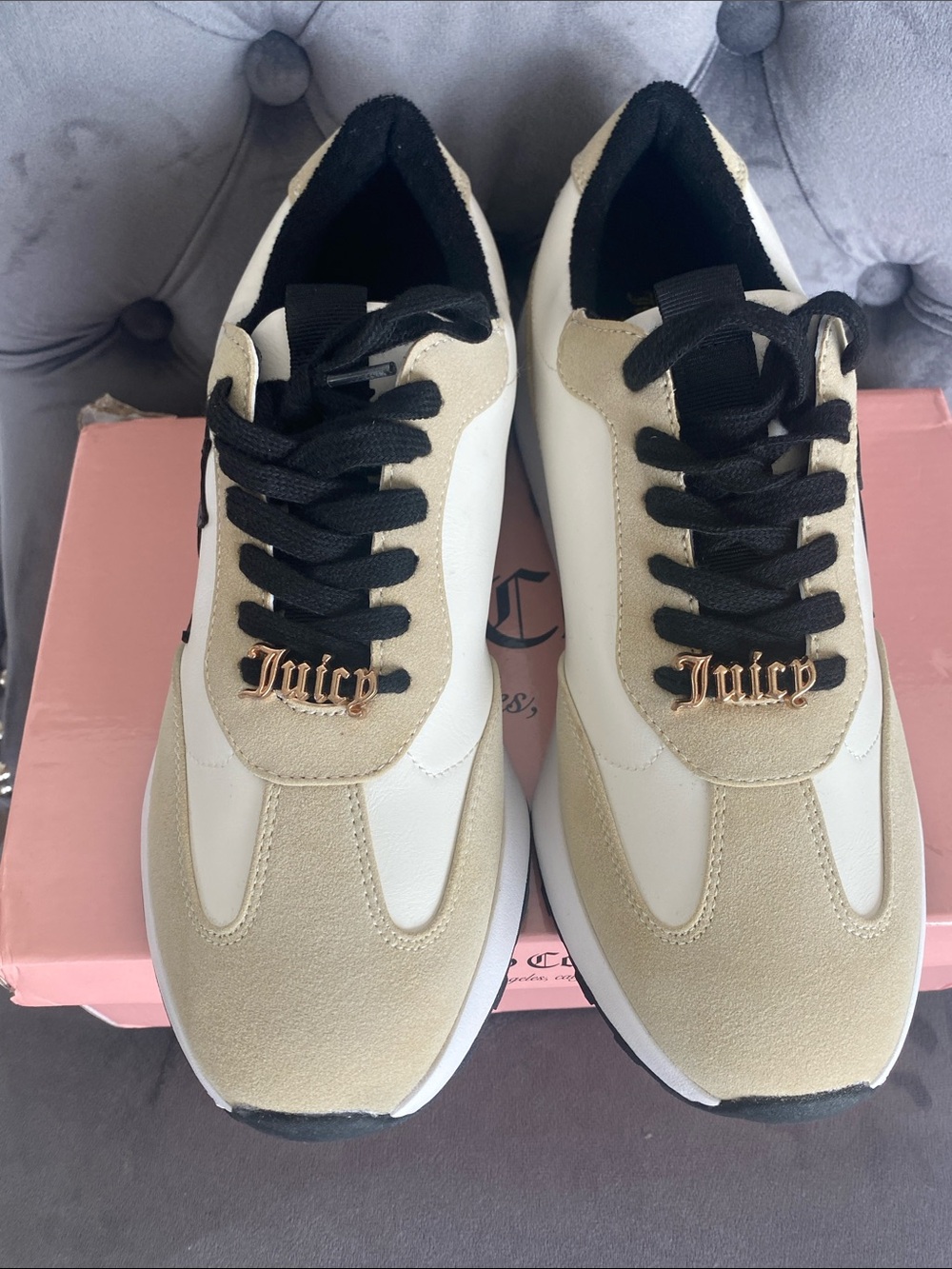 NWT Juicy Couture Beige, White & Black Lace-Up Sneakers